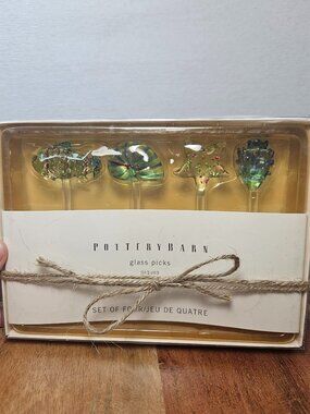 Pottery Barn Glass Sea Picks Set 4 Fish Seashells New in Box